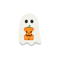 Cartoon Ghost Holding Carved Pumpkin for Halloween Celebration