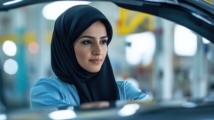 Businesswoman in hijab looking out car window