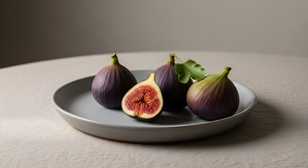 A simple and elegant still life composition of four fresh green pears arranged on a rustic ceramic plate