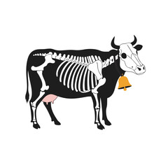 Stylized illustration revealing the internal skeletal structure of a farm cow, depicting bovine anatomy for educational purposes