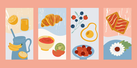 A vibrant collection of four stylized illustrations depicting various breakfast foods and drinks in a modern flat design style