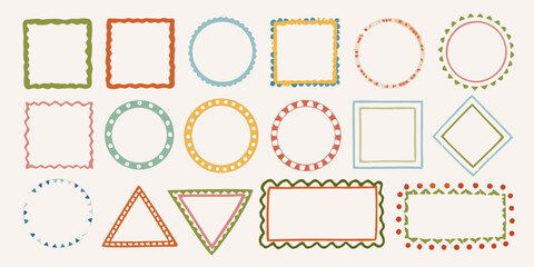 Collection of hand drawn decorative frames and borders in various shapes and colors