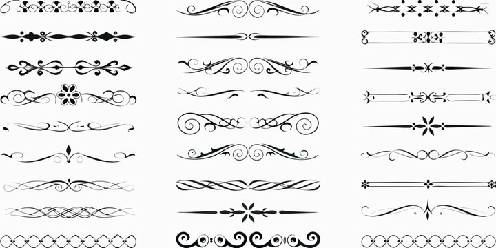 Collection of elegant black decorative ornamental dividers and borders with floral and swirl elements