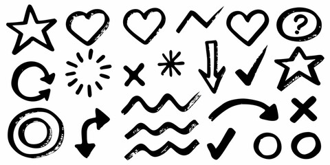 Collection of hand drawn black doodle icons including hearts stars arrows checkmarks and question mark on white background