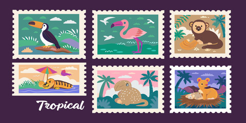 Collection of six colorful postage stamps featuring cute tropical animals and landscapes in a playful illustration style © Apurba