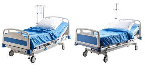 Two Modern Hospital Beds with Blue Bedding and White Pillows on Transparent Background