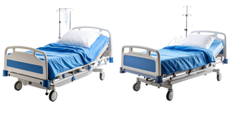 Two Modern Hospital Beds with Blue Bedding and White Pillows on Transparent Background