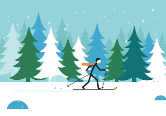 A stick figure crosscountry skis across a snowy landscape amidst stylized evergreen trees