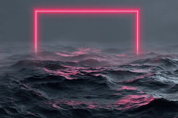 Glowing pink square frame above dark, wavy sea