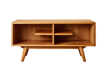 Light-brown wooden media console with open compartments