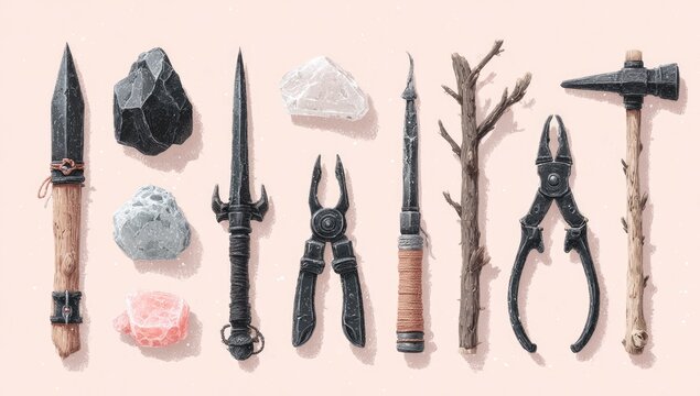 A collection of assorted tools and stones, meticulously arranged on a pale pink backdrop