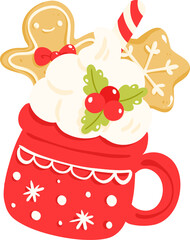 Christmas Hot Cocoa Mug Vector Illustration with Gingerbread, Cookie and Whipped Cream