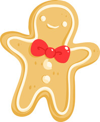 Gingerbread Man Cookie Vector Illustration with Red Bow