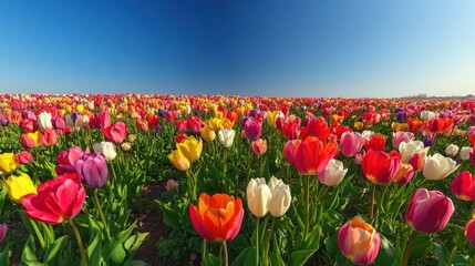 Vibrant tulip field under a clear blue sky showcasing a variety of colors in a springtime landscape scene