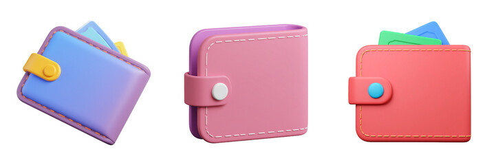 Three Colorful Wallets Filled With Money Against A Transparent Background