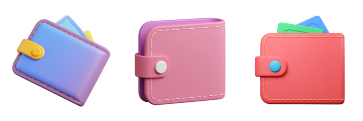 Three Colorful Wallets Filled With Money Against A Transparent Background