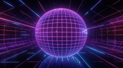 Cyberpunk grid sphere within a neon lit retro tunnel featuring vibrant colors