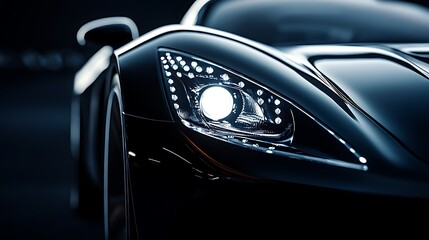 Sleek black sports car headlight with bright, modern design for luxury automotive branding