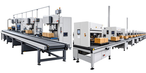 Automated Packaging Line with Boxes on Conveyor Belts in a Manufacturing Facility with Transparent Background
