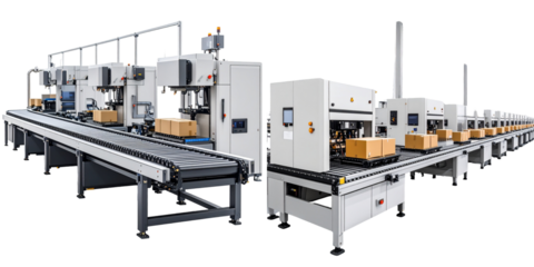 Automated Packaging Line with Boxes on Conveyor Belts in a Manufacturing Facility with Transparent Background