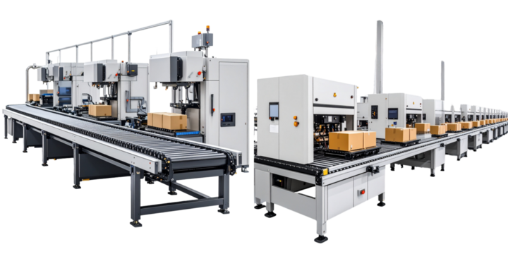 Automated Packaging Line with Boxes on Conveyor Belts in a Manufacturing Facility with Transparent Background