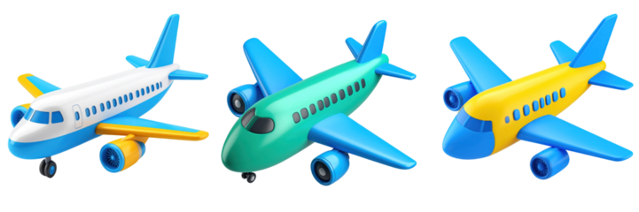 Three Colorful Toy Airplanes Against Transparent Background Illustrating Travel and Transportation