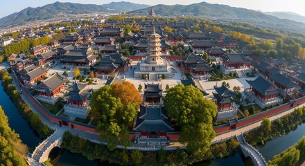 Aerial view of a large, ancient Chinese palace complex with intricate architecture and surrounding water features.