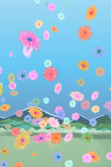 Flowers falling and flying in the wind against a backdrop of mountains and blue sky