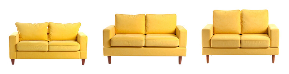 Yellow Sofas Isolated on Transparent Background Showing Furniture Design with Soft Upholstery and Wooden Legs in a Studio Shot