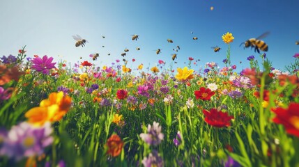 Bees flying over a vibrant wildflower meadow under a clear blue sky in the summer sunshine