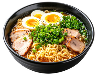 Noodle Soup Bowl with Pork, Eggs, and Herbs in a Bowl on Plain Background for Food Blog