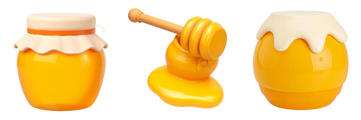 Honey Jars And Dipper With Dropping Honey Against Transparent Background