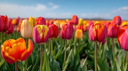 Vibrant tulip field under a clear blue sky showcasing a variety of colorful blooms in the spring sunshine