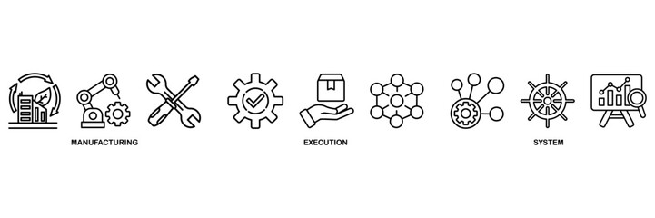MES icon set vector illustration concept for of manufacturing execution system with icon of factory, service, automation, operation, production, distribution, management, structure, and analysis