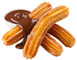 Churros with melted chocolate dip in white bowl against blank background for dessert menu