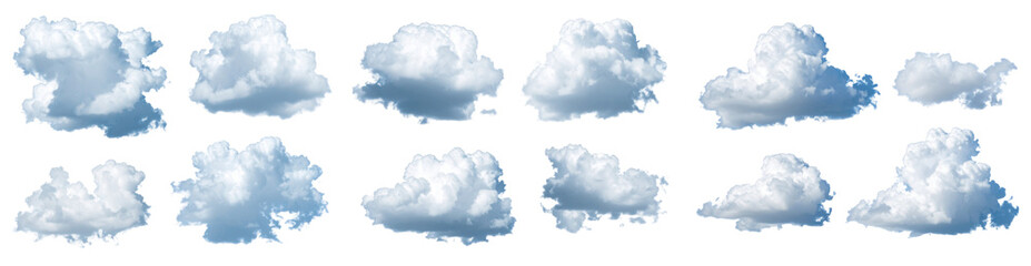 Collection Of Isolated Fluffy White Clouds Against A Transparent Backdrop Depicting Various Shapes and Forms Representing Weather Phenomena