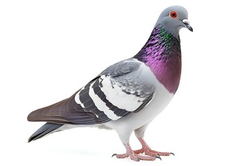 Obraz premium Stunning Pigeon in Profile with Vibrant Plumage Against White Background for Design Projects