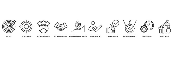 Perseverance icon set vector illustration concept for goal, focused, confidence, commitment, purposefulness, diligence, dedication, achievement, patience and success