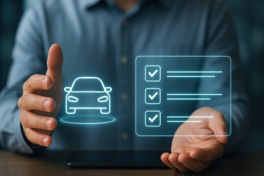A person's hands hover over a digital checklist and a car icon, signifying the steps in vehicle ownership.