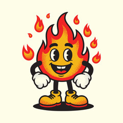 Cute Fire Flame Vector Illustration – Funny Retro Cartoon Character Design
