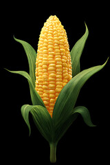 Obraz premium Fresh, ripe corn on the cob with vibrant yellow kernels and green husks against a black background