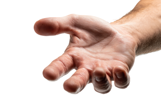 Close-up of outstretched human hand.  Palm facing forward, fingers slightly curled.  Natural skin tone, visible texture.  Isolated against black background