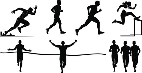 Athlete silhouettes running, sprinting, hurdling, finishing race, group runners, sports activity, fitness, competition, motion, speed, male, female