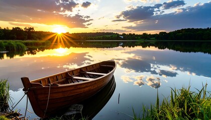 Fototapeta premium Sunset reflects lake boat