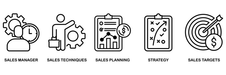 Sales management icon set vector illustration concept for manager, sales techniques, planning, strategy, and targets