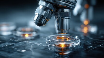 Advanced Microscope Focusing on Glass Slides in a Laboratory Setting During Evening Hours