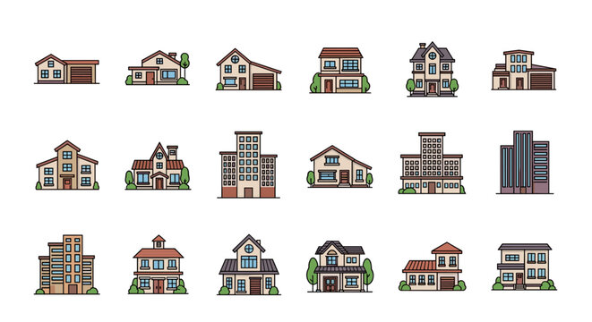 Collection of diverse pixel art residential and commercial buildings for game development and design projects