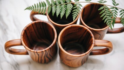 Crafted wooden cups arrangement kitchen table still life natural materials top-down view rustic decor