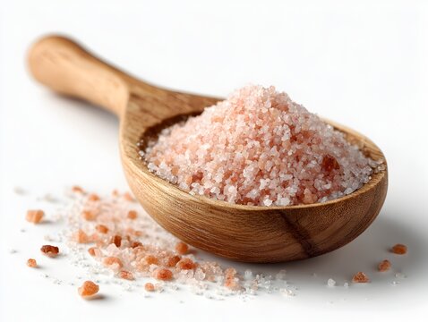 Natural pink Himalayan salt crystals are piled high in a light wooden spoon, some spilled on the surface.