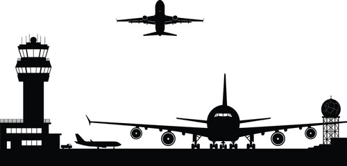 "Airport control tower with airplanes landing and taking off, aviation silhouette, airplane runway, air traffic control, airport operations" © Frd Art